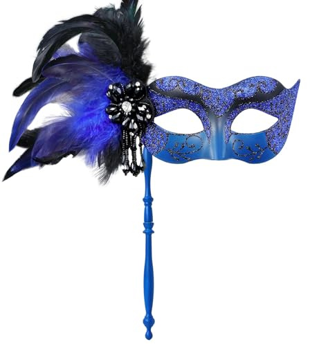 MYSEUNI 2024 Neue Maskerade Maske für Frauen mit Stab - Glänzende Damen Feder Karneval Venezianische Maske für Kostüm Zubehör
