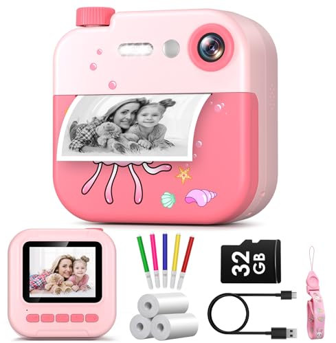 Instant Digital Camera for Kids 1080P Birthday Gifts for 3-12 Year Old Girls Boys 3 Rolls Inkless Printing Paper and 32GB SD Card Pink