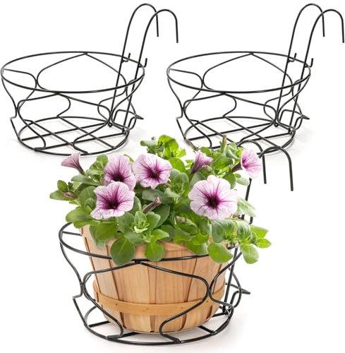 Noamus 3 Pack 25.4CM Hanging Railing Planter Basket, Large Metal Balcony Flower Pot Holder with Hanger, Wall Mounted Plant Iron Rack with Detachable Hook for Garden Fence Porch Patio, Indoor, Outdoor