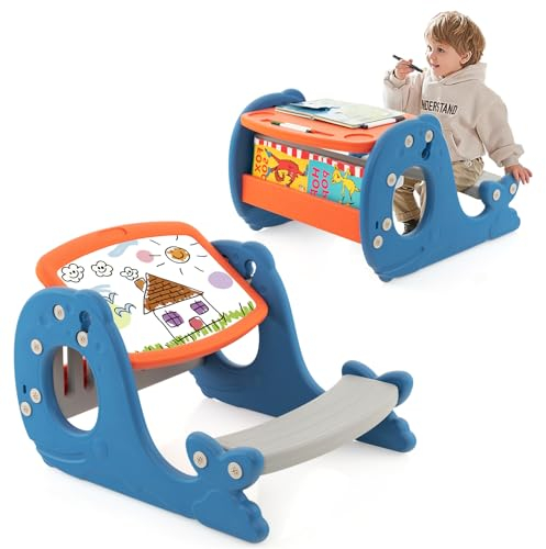 HOMASIS Spieltisch und Tafel mit 4-in-1 Sitzbank, Umwandelbare Staffelei für Kinder, Zeichentisch mit Brett und Walform, ab 1 Jahr, 67 x 54 x 39 cm, Blau