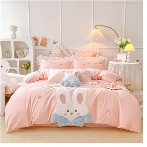100% Baumwolle, niedliches Kaninchen-Applikations-Mädchen-Bettwäsche-Set, Gewaschene Baumwolle, weich, gemütlich, Einzelbett, Queen-Size-Bett, Bettbezug, Bettlaken, Kissenbezug,Bettwäsche Warm