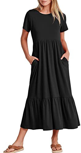 Jacansi Women's Summer Casual Maxidress Short Sleeve Crewneck Swing T Shirt Dress Flowy Beach Sundress Black S