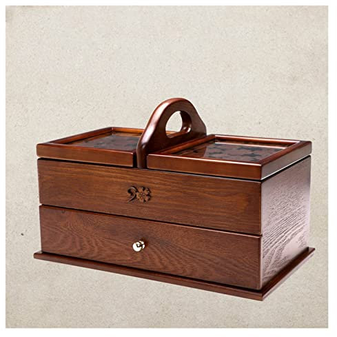 Klassischer erweiterbarer Holz-Nähkasten, Korb-Aufbewahrungskorb, einfacher Tragegriff, Nähset, hölzerner Nähkasten-Korb mit Fach, hölzerner Vintage-Nähkasten (Farbe: Braun, Größe