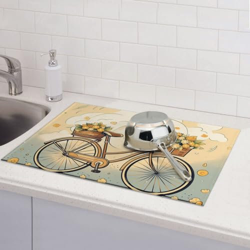 Fahrräder und Blumen bedruckte Abtropfmatte für Küche, saugfähiges Abtropfgestell, große Abtropfmatte für Theken, Abtropfgitter