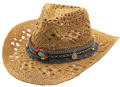 Chapeau de Cowboy Homme Femme Western Cowgirl Hat Brésilien Bohême Paille Panama avec Bande Chapeau de Soleil d'été Chapeau de Plage Cowboy Hat (FR/ES, Alpha/Lettres, Taille Unique, Brun)