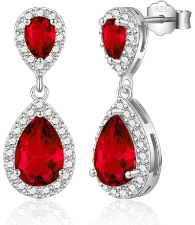 USEEDOVIA Ohrringe Rot Tropfen Glitzer Ohrstecker AAA Zirkonia Stecker Silber 925 Wassertropfen Rubin großer Anhänger Weiß Vergoldet Hochzeit Schmuck Braut Wedding Bride