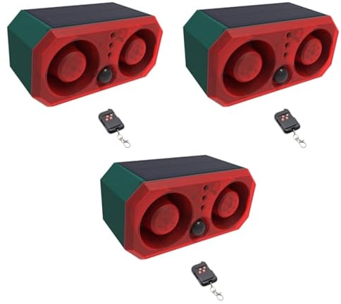 Lancoon 3 Pack Solar Animal Repellent Alarm High Power Dual Horn Waterproof with Motion Detector Light Infrared Sensor Flashing Red Light Animal Repeller Defender Rat Deer Raccoon Skunk