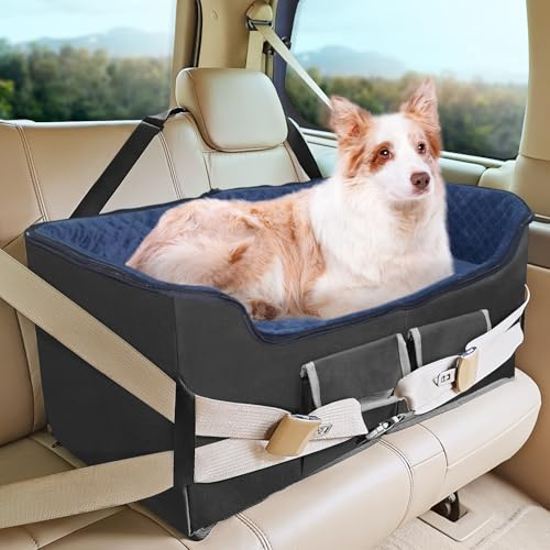 Babenest Hunde Autositz, Sehr Stabiler Mehrere Haustiere Auto Erhöhter mit Sicherheitsgurt für Mittlere Hunde, Faltbare Waschbarer und Große Kapazitäter Auto Hundekorb für Rücksitz (Royal Blue, L)