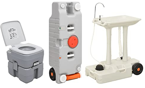 vidaXL Portable Outdoor Camping Toilet & Handwash Stand Set with 20L Waste Holding Tank & 10L Freshwater Tank for Travel, RV, Events