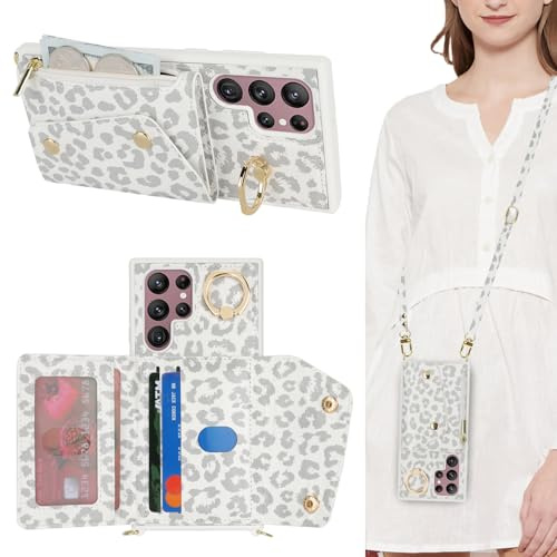Lipvina Coque pour Samsung Galaxy S22 Ultra avec Cordon Porte Carte Coque zippé Portefeuille Femme Telephone Portable Réglable Collier Housse Étui avec Anneau pour Femmes - Léopard Blanc