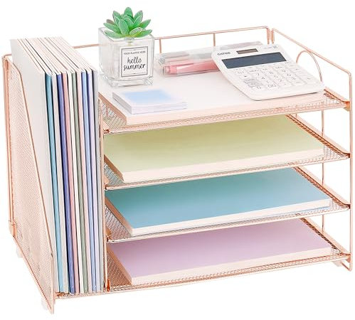 OPNCIE Desk Organizers and Accessories, 4 Tier Paper Letter Tray File Organizer, Office Organization Storage Desk Accessories Workspace Desktop Organizer for Classroom Office Supplies Decor, Rose Gold