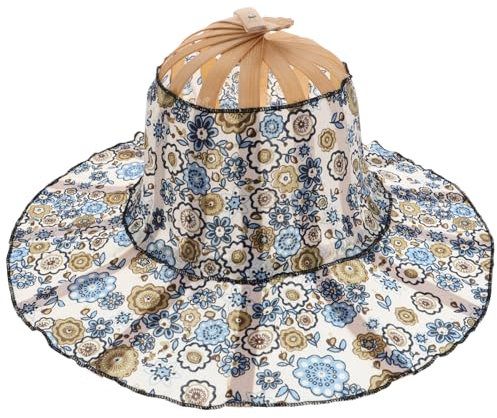 VANZACK 2 in 1 Portable Bamboo Sun Hat Summer Flower Pattern Hand Fan Foldable Beach Hat for Travel Outdoor