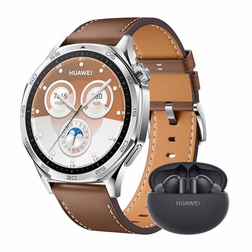HUAWEI Watch GT 5 46 mm+ FreeBuds 5i, Smartwatch, Kunstvolles Design, Erweiterte Lauf- und Fahrradfunktionen, Gesundheitsmonitoring, Bis zu 14 Tage Akkulaufzeit, Kompatibel mit iOS&Android,Braun