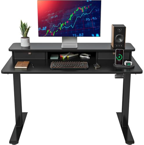 FEZIBO Electric Height Adjustable Standing Desk, 140x60cm, with Double Drawers and Storage Shelf, Black