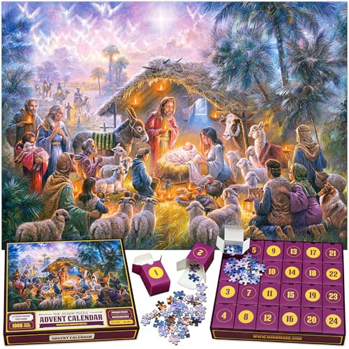 Der Original-Puzzle-Adventskalender 2024 – Krippe, 24 Boxen à 1008 Teile, Weihnachts-Countdown, Spaß für Kinder, Erwachsene, Familie, offizielles Kunstwerk von Abraham Hunter