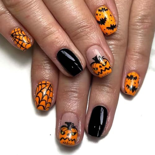 Cubahop 24pcs Halloween pressing Nails court faux ongles Pumpkin Ghost Design mignon cosplay faux ongles brillants pour les femmes (Orange 2, 0.04 ml (Pack of 24))