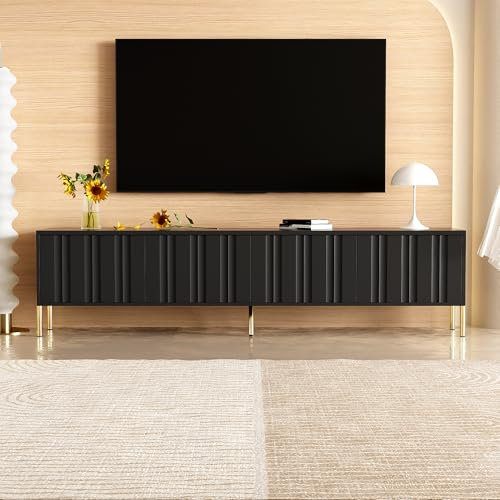 BTM Meuble TV Noir, Banc TV 190cm avec 4 Portes, Meuble Télé avec Jambes Dorées, Portes Rainurées, pour Télivision jusqu'à 59 Pouces, 190x38x48cm