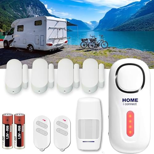 Alarme de Camping Car - 100% Autonome - Alimentation par Piles - Sirène Puissante avec 4 détecteurs d'ouverture et 1 Détecteur de Mouvement.