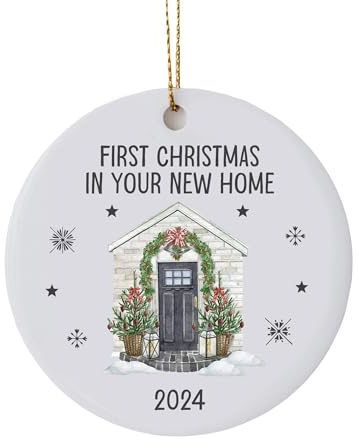 First Christmas in your New Home Tree Ornament Housewarming Gift Keepsake Ceramic Decoration with Festive Snowy home Snowfkakes (2024)