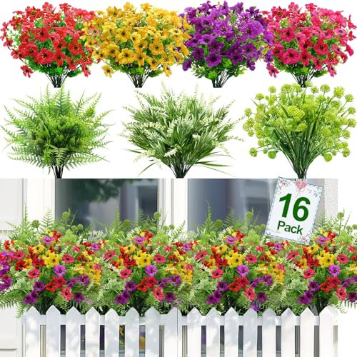 TURNMEON Künstliche Blumen für den Außenbereich, Frühlingsdekoration, UV-beständig, Kunstpflanzen, buntes Gänseblümchen, Boston-Farn-Lavendel, für Außengärten, Veranda, Terrasse, Zuhause, 16 Bündel