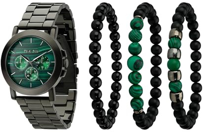 TIME100 Herren Armbanduhr und Armband Set,Premium Quarzuhr Geschenkset mit stapelbaren Perlenarmbändern,Wasserdicht Uhr Geschenksets für Männer Stilvoll für Business und Freizeit,Grünes