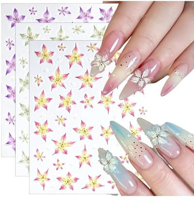 LOZTBUE Stickers ongles avec fleurs de lys Stickers ongles autocollants fleurs 3D Stickers ongles avec fleurs vertes, violettes et roses Stickers ongles avec fleurs de lys Stickers ongles avec fleurs