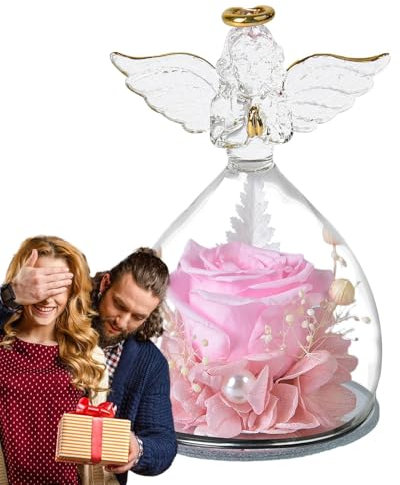 Ange en Verre avec Rose préservée - Figurine d'ange avec Fleurs pour Toujours | Cadeau Romantique pour Mariage, Anniversaire, Thanksgiving | Jolie Figurine avec Rose éternelle pour décoration et