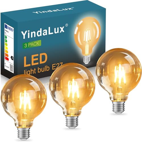 YindaLux Glühbirne E27 LED Warmweiss 2700K Filament Lampe Edison Vintage Leuchtmittel 4W Energiesparlampe Retro Birne Deko für Haus Café Bar 3er G95 Nicht Dimmbar