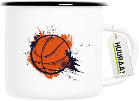 Huuraa Emaille Tasse Basketball bunt Geschenk | 300ml Becher Weiß mit Schwarzem Rand Vintage Campingbecher Geschenkidee Kaffeetasse als Wohnwagen Zubehör Campingtasse