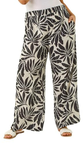 Roman Curve Abstract Spot Print Palazzo Trouser for Women UK - Ladies Everyday Holiday Spring Summer Comfy Soft Evening Vacation Work Party - Noir Leaf Plus - Size 20