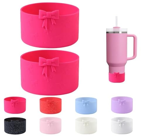 2PCS Bow Silicone Boot for Stanley Quencher Tumbler 30oz 40oz & IceFlow 20oz 30oz& Hydro Flask Water Bottle 12-24 oz Protective Bottom Sleeve Cover for Stanley Cup Accessories& Owala 24oz(Rose red)