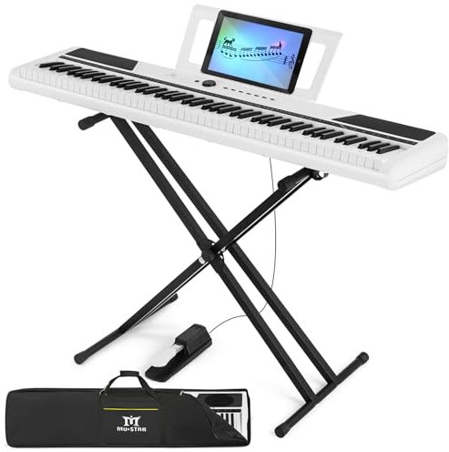 MUSTAR 88 Key Piano Keyboard for Beginners, Digital Piano 88 Semi Weighted Key with Stand, Full Size Electric Piano Keyboard 88 Keys, 2x25W Stereo Speakers, Case, Sustain Pedal (White)
