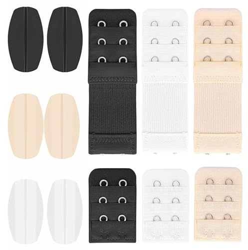 12 Stück BH Verlängerung(3 Haken), BH Trägerpolster Anti Rutsch, Silikon-Schulterpolster, Weiches Elastisches BH-Erweiterungsset & BH Träger Rutschen Stopper für Damen(Hautfarbe/Weiß/Schwarz)