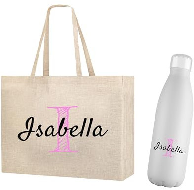 Mookase Bolso Personalizado Mujer y Botella Agua Acero Inoxidable 700ml | Diseño Exclusivo Inicial y Nombre | Pack Regalo Original Cumpleaños, Niña, Amiga, Madre, Profesora