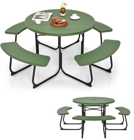 KOMFOTTEU Bierzeltgarnitur für 8 Personen, Rundes Picknicktisch Set mit Schirmloch & 4 Bänken, Gartenmöbel Set aus HDPE & Metall, Gartengarnitur Sitzgarnitur für Terrasse Camping (Grün)