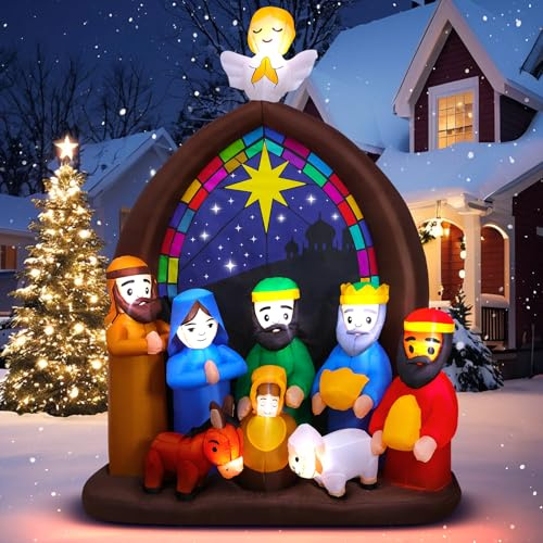 Gonfiabili natalizi da 2,4 m, decorazioni per esterni con luci a LED, grande Gesù di Natale, decorazioni per cortile, set di presepe per giardino, prato, chiesa, decorazione natalizia