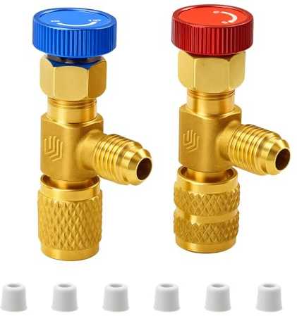 2 Stück Messing Sicherheitsventil 1/4-5/16 R410A R22 | Schnellkupplung Adapter mit Durchflussregelung & Leckageschutz - Top-Loading Mechanik, ideal für Klimaanlagen Wartung