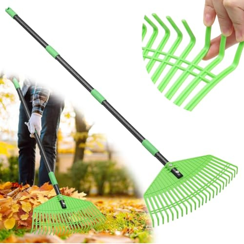 Laubbesen 23 Zähne, Leichter Laubrechen aus Kunststoff 165cm, extra breit 42cm Arbeitsbreite, rückenschonender Gartenrechen für Rasen, Garten, Laubsammeln, ideal für Senioren, Erwachsene & Kinder