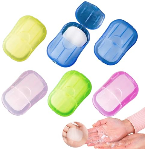 Hojas de Jabón Portátiles con Estuche, 120 Láminas Desechables para Manos, Jabón en Láminas de Viaje, 6 Estuches Compactos, Disolución Rápida, Colores Surtidos