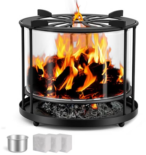 Beekeg Brasero en acier inoxydable avec pare-vent en verre, brasero pour intérieur et extérieur, utilisable bois et charbon, etc. 16 x 16 x 15 cm