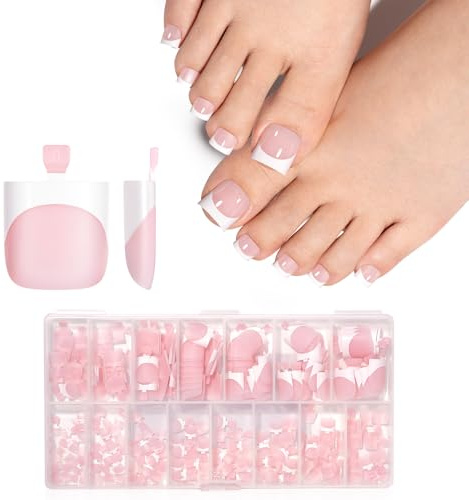 TOMICCA 240 Pièces Faux Ongles Pieds, 3 en 1 French Poudré Blanc Faux Orteil Ongles Pieds à Couverture Complète Capsule Ongle Pied pour Femmes Filles Salon de Manucure Nail Art,15 Tailles Courte