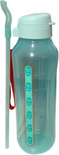 Tupperware EcoEasy Trinkflasche 1,2L – Flip Top Verschluss mit Strohhalm, BPA-frei, auslaufsicher – Sportflasche mit Tragegriff – Wasserflasche für Schule Sport – türkis mit Zeitangabe