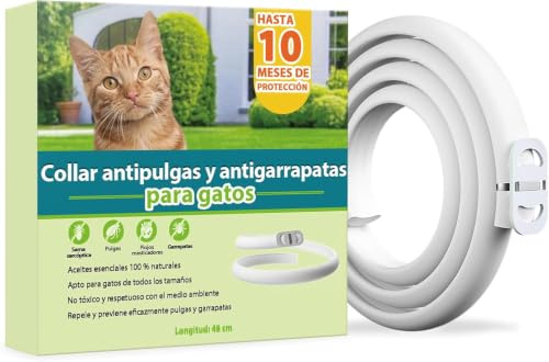 Collar Antiparasitario para Gatos, Collar Antipulgas y Garrapatas Ajustable, Elaborado con Aceites Naturales, Impermeable, Apto para Todos los Gatos, 10 Meses de Protección.
