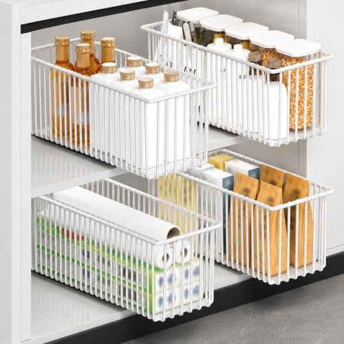 KEXIBO 4er Set Ausziehbare Schublade Küche Schmal 15,3cm, Teleskopschublade Ohne Bohren, Nischenregal Schrankauszug, Küchen Schrank Organizer rahmenlos, Weiß, 41cm Tiefe