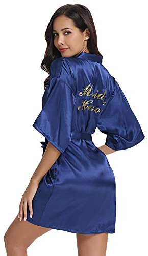 Vlazom Morgenmantel für Hochzeit Satin Kimono Badmantel für Braut&Brautjungfern V-Ausschnitt Damen Robe mit Gürtel(L,Dunkelblau für Maid of Honor)