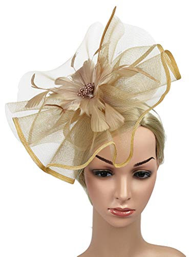 Golden Fascinator Hat with Gauze Flower, Flower Mesh Headband Cocktail Tea Party Headwear for Women Girls Weddings Parties and Festivals