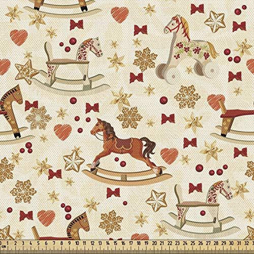ABAKUHAUS Pferde Gewebe als Meterware, Weihnachtsthema Spielzeug, Dicht Gewebter Stoff zum Nähen Polster Wohnaccessoires, 3M (148x300cm),Creme Braun
