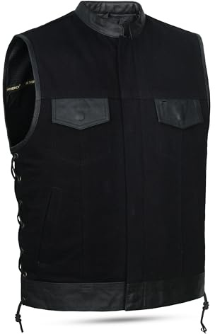 Leatherick SOA stile, Denim pesante con finiture in pelle da uomo con gilet stile motociclista in pizzo laterale con tasche profonde (XL)