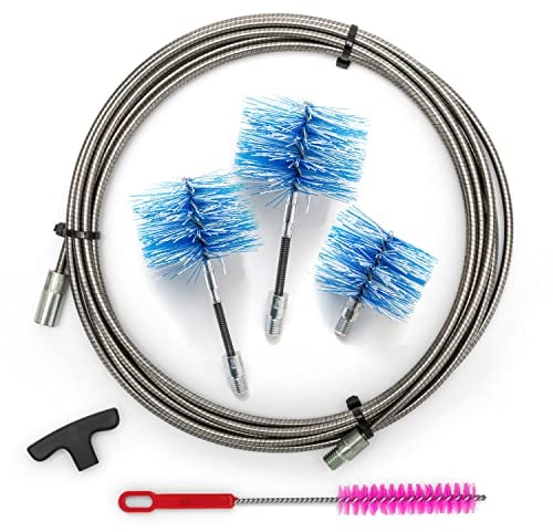 BARETTO Kit per Pulizia della Stufa a Pellet, Prolunga Inox di 9 Metri per la Pulizia Stufa Pellet con Curvatura a 90°, Kit con 3 Spazzole in Nylon (2 Flex da 80 mm e 100 mm, 1 Standard da 120 mm)