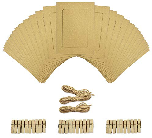 Aosilon Fotorahmen aus Papier 30PCS 4 x 6 Zoll Kraftpapier-Bilderrahmen mit Mini-Wäscheklammern und Juteschnur (braun)